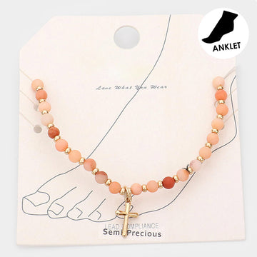 Madeline Love Peach, Worn Gold Metal Cross Charm Semi Precious Stretch Anklet - Anklets