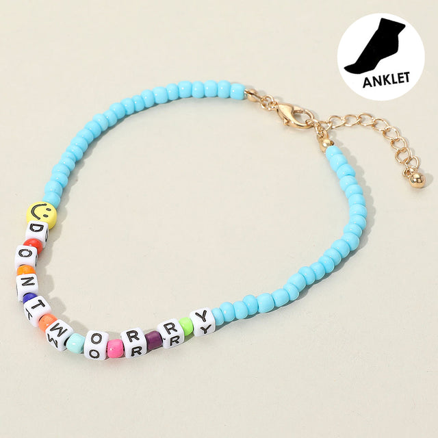 Madeline Love Turquoise Smile DONT WORRY Message Charm Beaded Anklet - Anklets