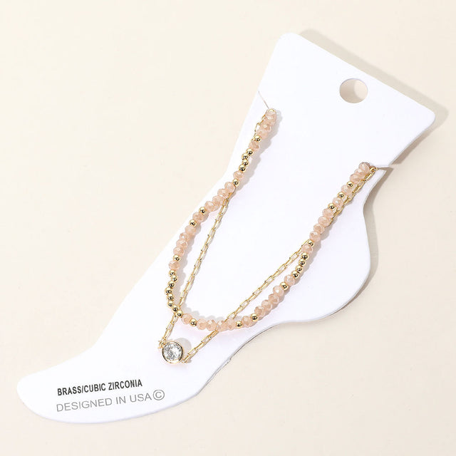 Madeline Love Gold, Pink CZ Stone Bezel Accent Paperclip Chain Faceted Beaded Layered Anklet - Anklets