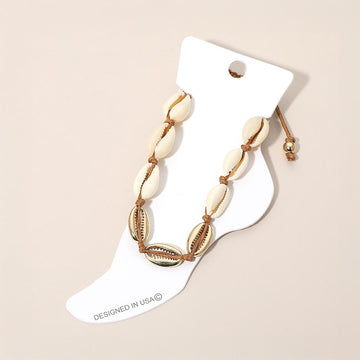 Madeline Love Brown, Cream Conch Shell Beaded Adjustable Cinch Pull Tie Anklet - Anklets