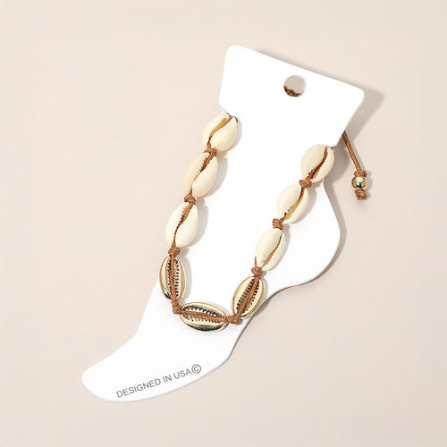 Conch Shell Beaded Adjustable Cinch Pull Tie Anklet - Brown, Cream