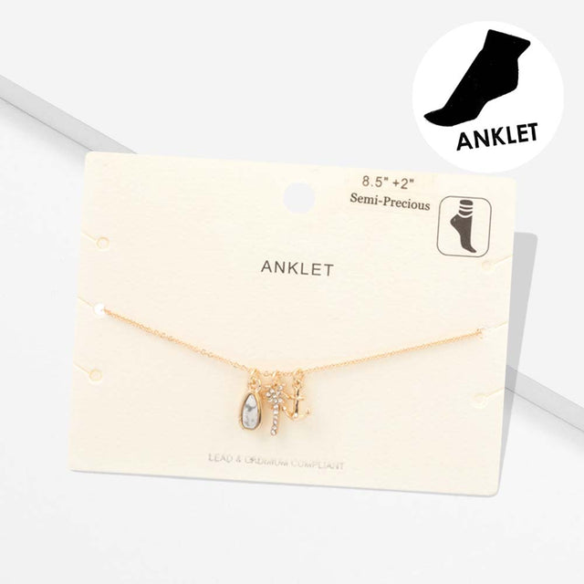 Gold, Howlite Semi Precious Teardrop Palm Tree Anchor Charm Anklet