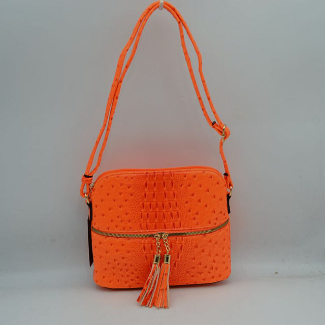 Ostrich-Embossed Dome Crossbody Bag with Dual Tassel Zippers - Coral - Crossbody Bags