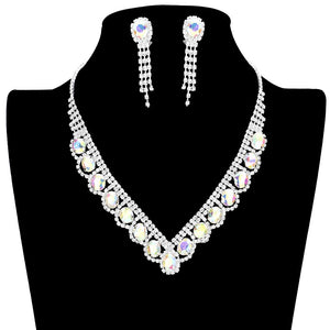 Ab Silver Oval Stone Accented V Shaped Rhinestone Necklace Earring Set, get ready with these oval stone accented necklaces to receive the best compliments on any special occasion. Put on a pop of color to complete your ensemble and make you stand out on special occasions. Perfect for adding just the right amount of shimmer & shine and a touch of class to special events.