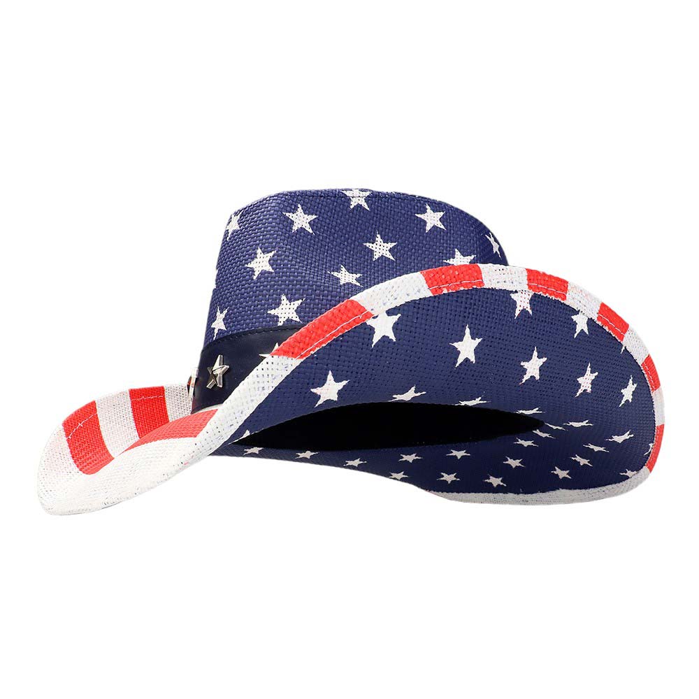 American USA flag star stud faux leather band straw cowboy hat combines style with functionality. Crafted with high-quality materials, it offers protection from the sun while showcasing your patriotism. The faux leather band adds a touch of rustic charm, making it the perfect accessory for any outdoor event.