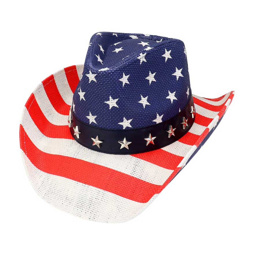 American USA flag star stud faux leather band straw cowboy hat combines style with functionality. Crafted with high-quality materials, it offers protection from the sun while showcasing your patriotism. The faux leather band adds a touch of rustic charm, making it the perfect accessory for any outdoor event.