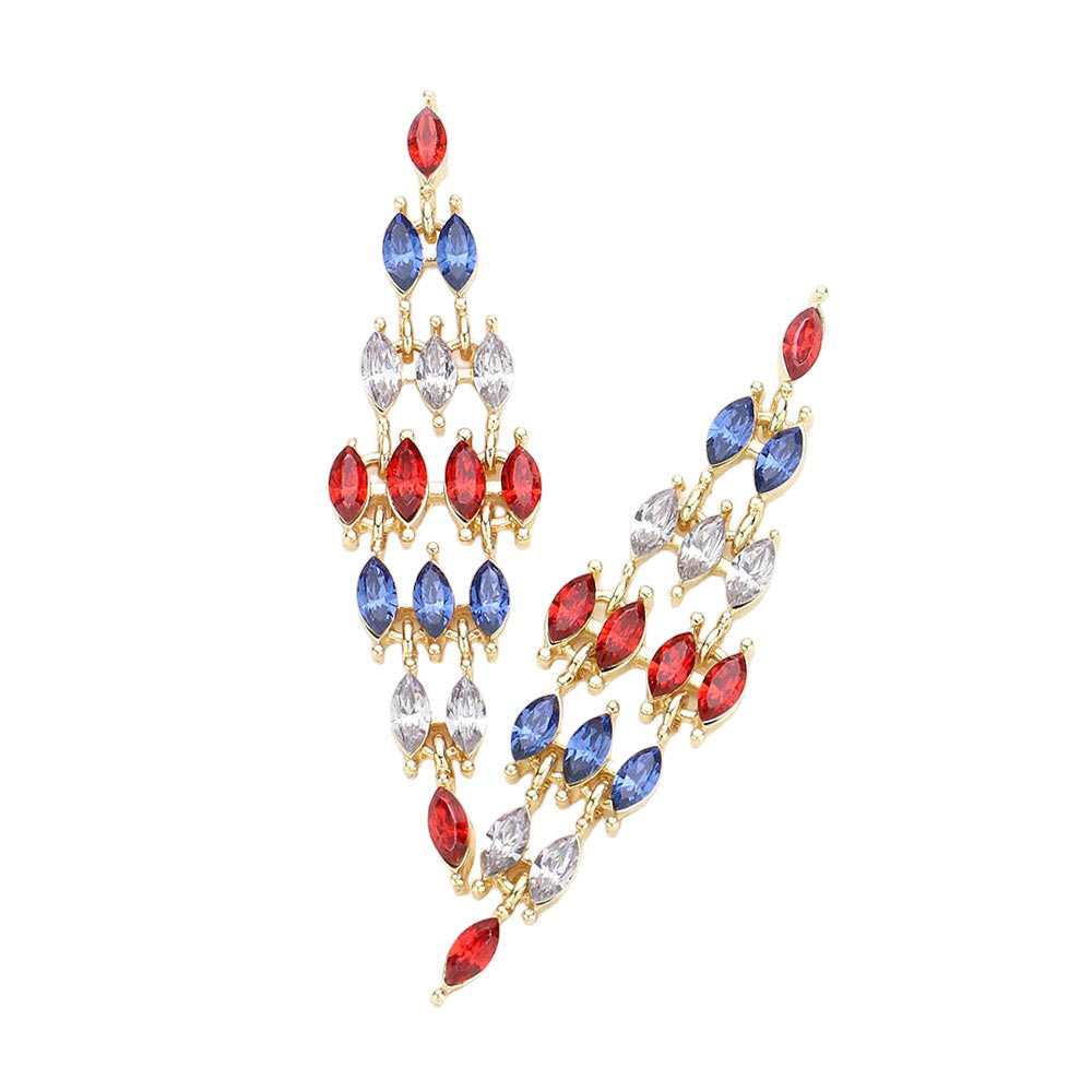 American USA Colored Marquise Stone Cluster Chandelier Evening Earrings. Exquisitely crafted with vibrant marquise stones, these earrings are perfect for adding a touch of elegance to any evening outfit. With a unique clustered design, these earrings are sure to stand out and make a statement.