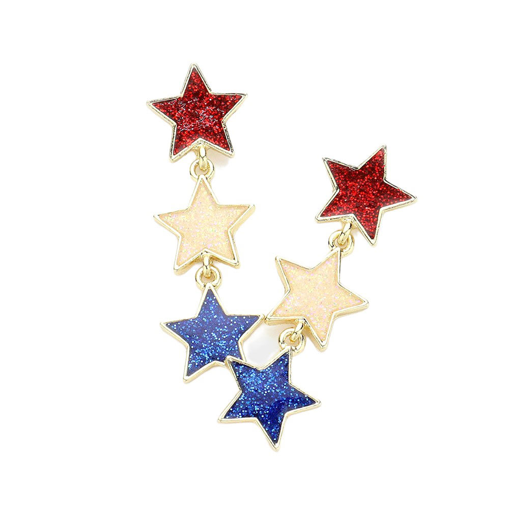 American USA Colored Star Link Dropdown Earrings, Discover a touch of patriotism with our earrings. Made with high-quality materials, these earrings feature a unique design of colored star links that add a pop of color to any outfit. Perfect for adding a stylish and patriotic flair to your look.