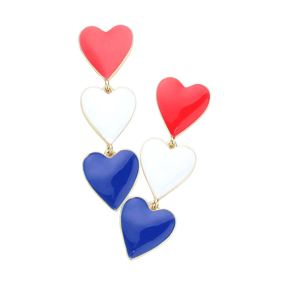 American USA Colored Triple Enamel Heart Link Dangle Earrings, Add a touch of patriotism to your outfit with these earrings. Made with high-quality materials, these earrings boast a unique heart link design that is bound to catch attention. Perfect for any occasion, these are a must-have for any fashion lover.