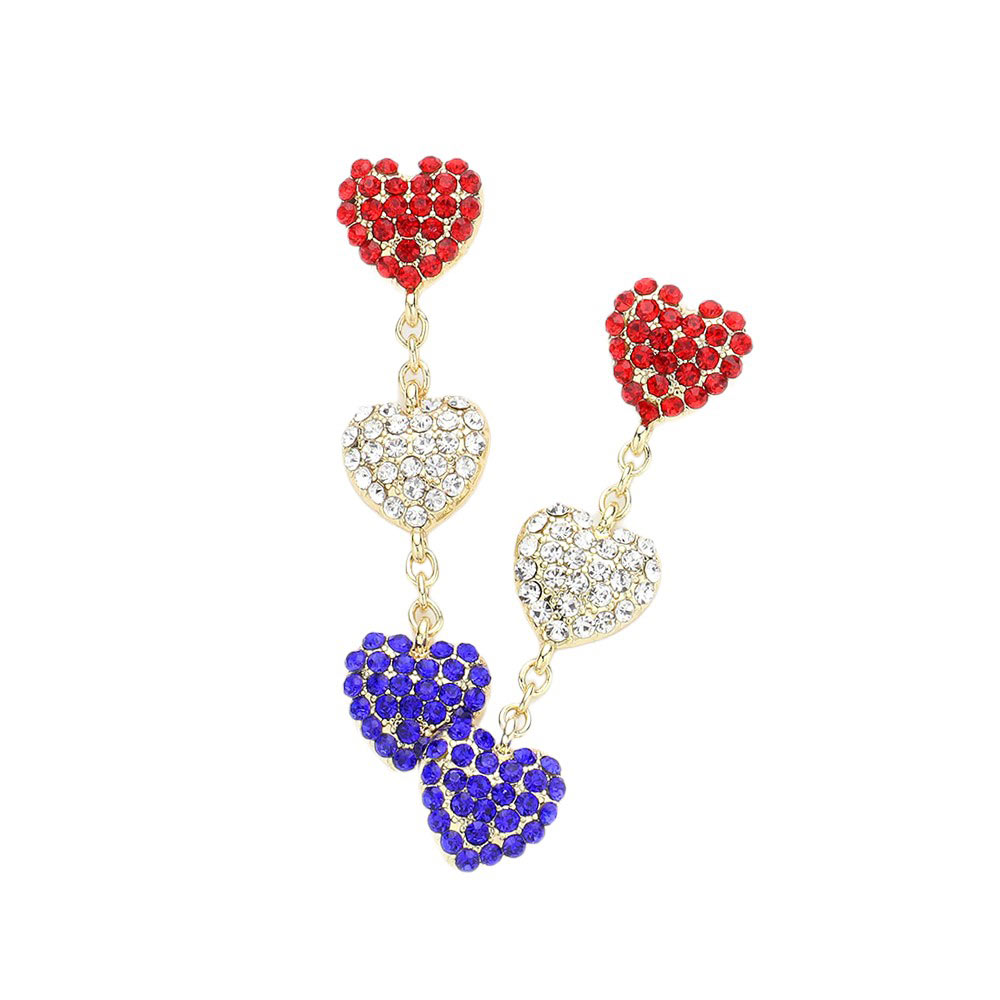 American USA Colored Triple Stone Paved Heart Link Dropdown Earrings feature three stunning stones set in a heart-shaped design, creating a unique and stylish look. With a secure dropdown closure, these earrings are both fashionable and practical. Show off your patriotic spirit with these beautifully crafted earrings.