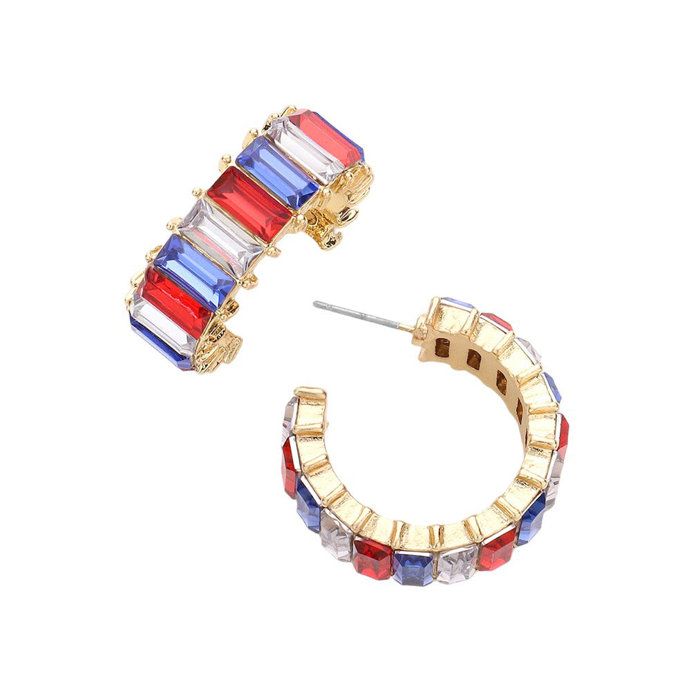 American USA Flag Baguette Stone Cluster Hoop Evening Earrings, Complete your evening look with these stunning evening earrings. Adorned with sparkling baguette stones, these earrings exude elegance and luxury. Hand-crafted with care, these earrings are the perfect accessory for any special occasion. 