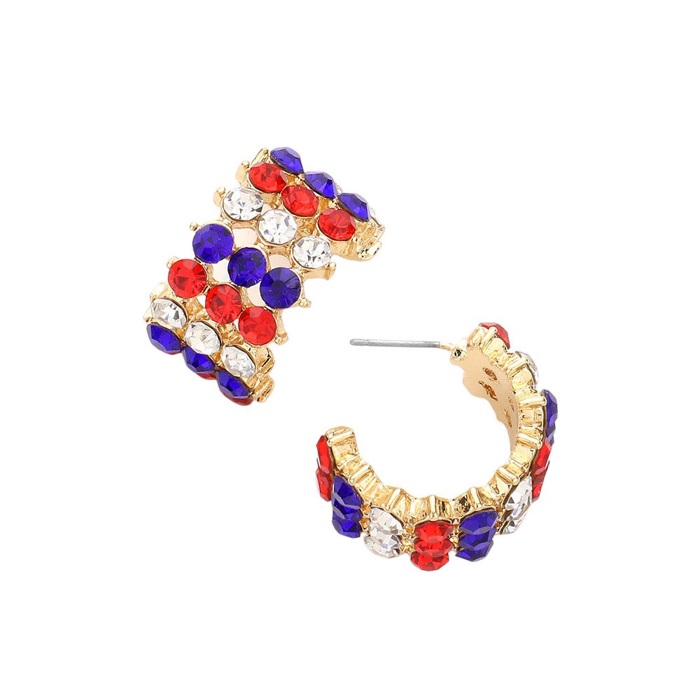Embrace your American pride with our American USA Flag Rhinestone Cluster Hoop Earrings. These statement earrings feature a stunning display of rhinestones arranged in the shape of the American flag. With their luxurious design and patriotic symbolism, these earrings are the perfect accessory for any special occasion.