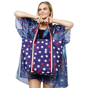 American USA Flag Star Print Tote Bag features a classic design that showcases your patriotic spirit. Made from durable materials, it offers a spacious interior for all your necessities. Perfect for everyday use or as a thoughtful gift for a fellow American. Show your love for your country with this stylish bag.