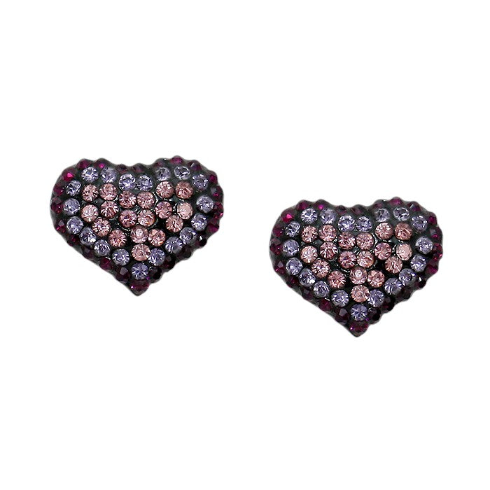 Amethyst-Black-Tanzanite-Crystal Paved Heart Stud Earrings feature a beautiful, sparkling design that adds elegance and charm to any outfit. Made with high-quality crystals, these earrings are both stylish and durable. Elevate your look with these timeless, sophisticated earrings.