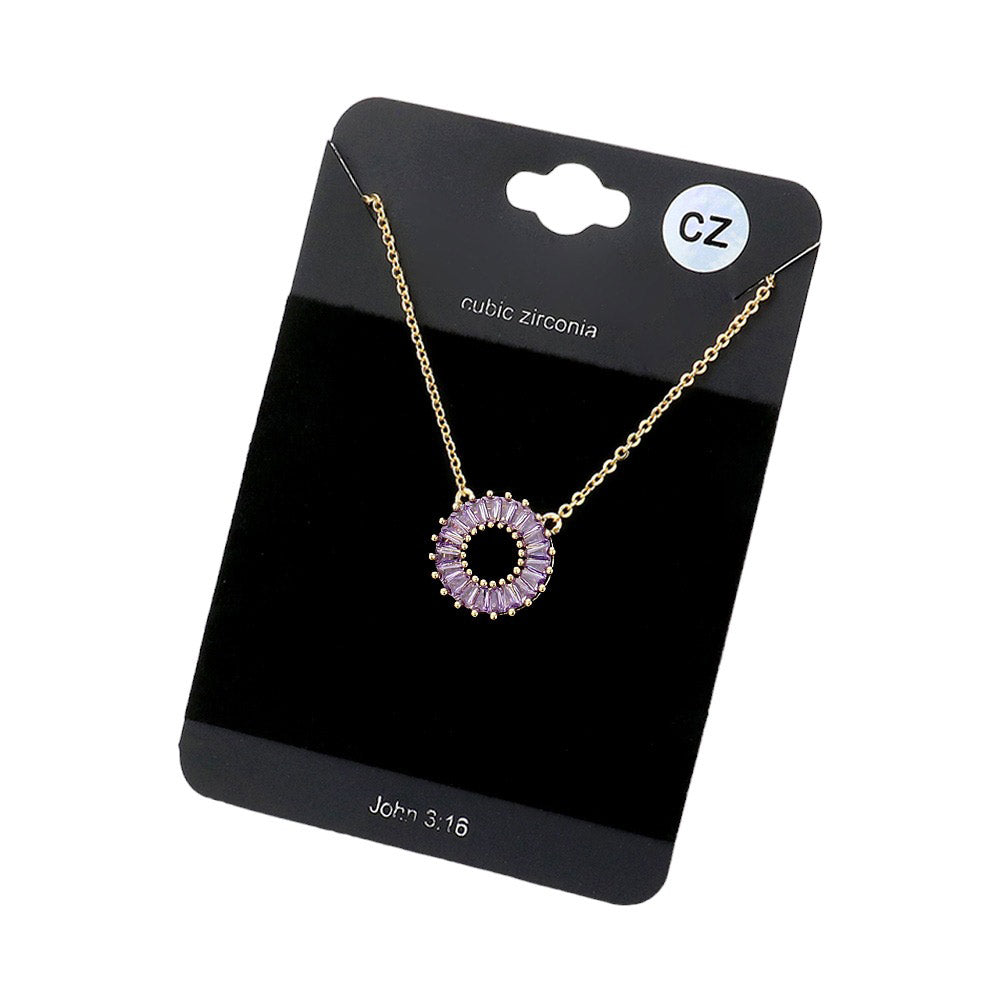 Amethyst CZ Embellished Open Circle Pendant Necklace, this stunning CZ Embellished Open Circle Pendant Necklace offers a modern take on classic jewelry. The beautifully crafted design adds a gorgeous glow to any outfit. Perfect Birthday Gift, Anniversary Gift, Mother's Day Gift, and loved ones.