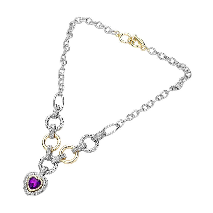 Amethyst Heart Stone Pointed Charm Two Tone Textured Metal Link Toggle Necklace, This elegant necklace features a unique two tone design and textured metal links. The toggle closure adds a touch of modernity to the classic charm, making it a versatile accessory for any occasion. A perfect jewelry gift accessory for loved one.