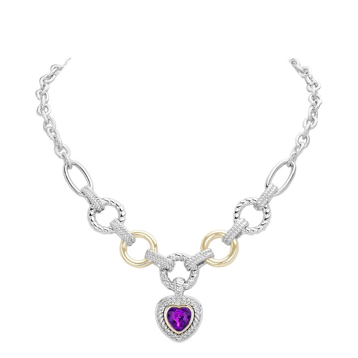 Amethyst Heart Stone Pointed Charm Two Tone Textured Metal Link Toggle Necklace, This elegant necklace features a unique two tone design and textured metal links. The toggle closure adds a touch of modernity to the classic charm, making it a versatile accessory for any occasion. A perfect jewelry gift accessory for loved one.