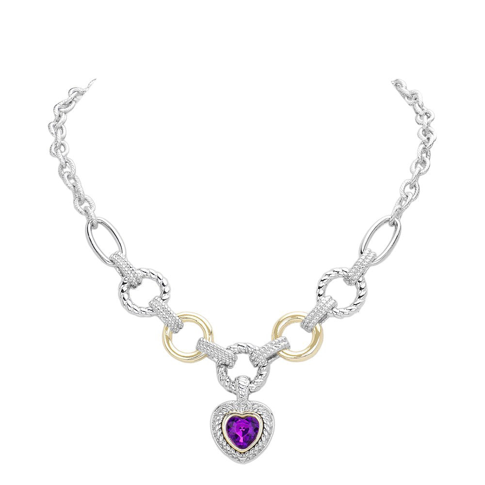 Amethyst Heart Stone Pointed Charm Two Tone Textured Metal Link Toggle Necklace, This elegant necklace features a unique two tone design and textured metal links. The toggle closure adds a touch of modernity to the classic charm, making it a versatile accessory for any occasion. A perfect jewelry gift accessory for loved one.