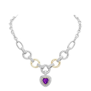 Amethyst Heart Stone Pointed Charm Two Tone Textured Metal Link Toggle Necklace, This elegant necklace features a unique two tone design and textured metal links. The toggle closure adds a touch of modernity to the classic charm, making it a versatile accessory for any occasion. A perfect jewelry gift accessory for loved one.