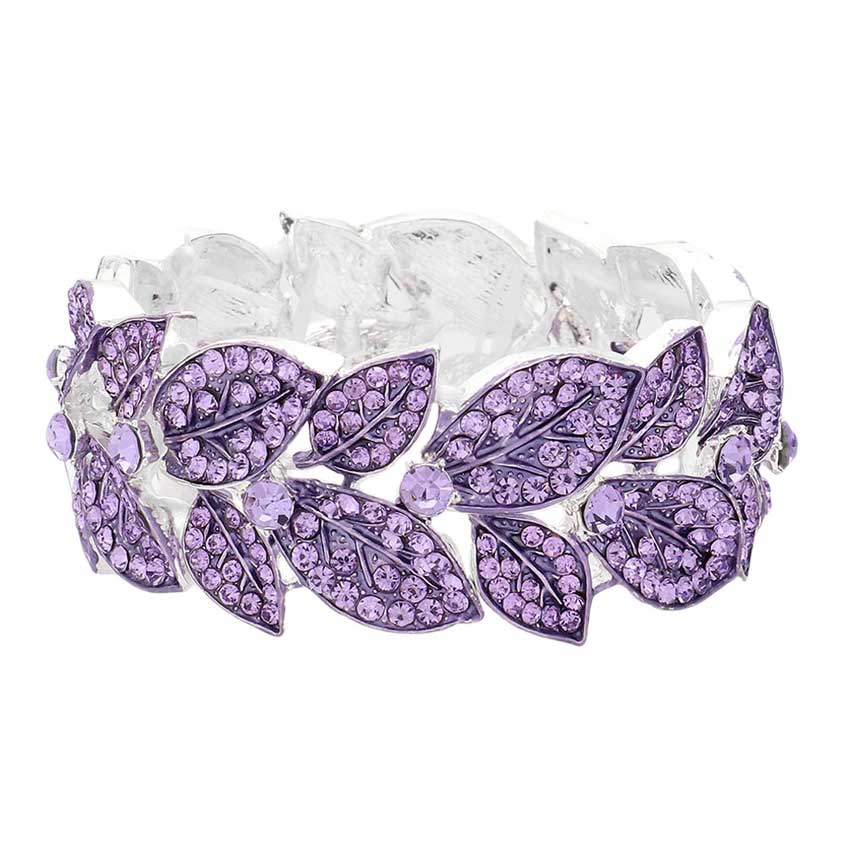 Amethyst Stone Paved Leaf Linked Stretch Evening Bracelet, Crafted of high-quality stones and metal alloy, this unique bracelet features intricately linked leaves, connected with a stretchable band to provide a secure fit. Accessorize your special occasion wear with this stunning design for an eye-catching look.