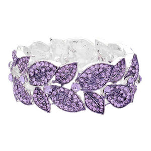 Amethyst Stone Paved Leaf Linked Stretch Evening Bracelet, Crafted of high-quality stones and metal alloy, this unique bracelet features intricately linked leaves, connected with a stretchable band to provide a secure fit. Accessorize your special occasion wear with this stunning design for an eye-catching look.