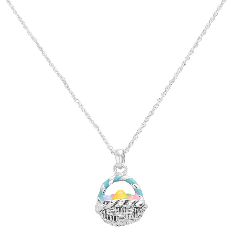 Antique Silver Enamel Easter Egg Basket Pendant Necklace is a charming addition to your jewelry collection. The handcrafted enamel egg pendant adds a touch of whimsy while the delicate chain provides a dainty elegance. Perfect for Easter celebrations or as a unique everyday accessory. A lovely Easter gift choice for someone you love.