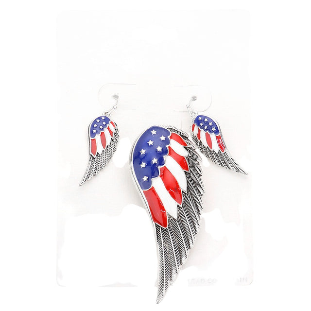 Antique Silver  American USA Flag Wing Pendant Set is a great way to show your patriotism and love for your country. Made with high-quality materials, it features a unique, eye-catching design that is sure to make a statement. Perfect for any occasion, this pendant set is a must-have for anyone who wants to add a touch of American pride to their outfit.