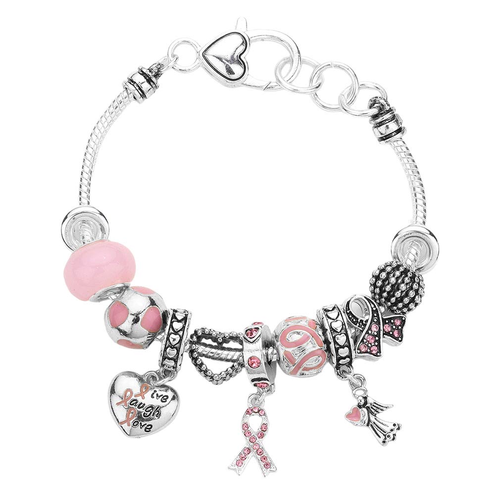 Antique Silver Pink Ribbon Angel Heart Multi Bead Charm Bracelet, Get ready with these bright Bracelet, put on a pop of color to complete your ensemble. Perfect for adding just the right amount of shimmer & shine and a touch of class to special events. Perfect Birthday Gift, Anniversary Gift, Mother's Day Gift, Graduation Gift.