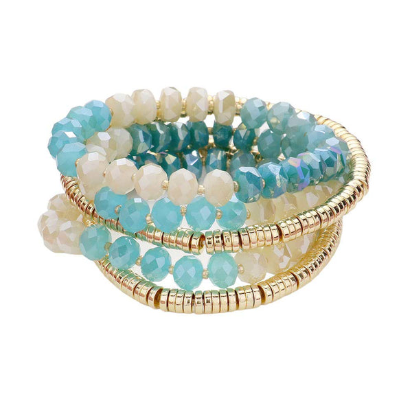 Aqua 5PCS Faceted Beaded Heishi Beaded Multi Layered Stretch Bracelet, This set features 5PCS of faceted and heishi beaded strands. The unique design adds a touch of elegance to any outfit. The stretchy material provides a comfortable fit for all wrist sizes. Elevate your style with this versatile and eye-catching piece.