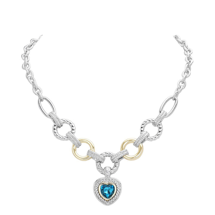 Aqua Heart Stone Pointed Charm Two Tone Textured Metal Link Toggle Necklace, This elegant necklace features a unique two tone design and textured metal links. The toggle closure adds a touch of modernity to the classic charm, making it a versatile accessory for any occasion. A perfect jewelry gift accessory for loved one.