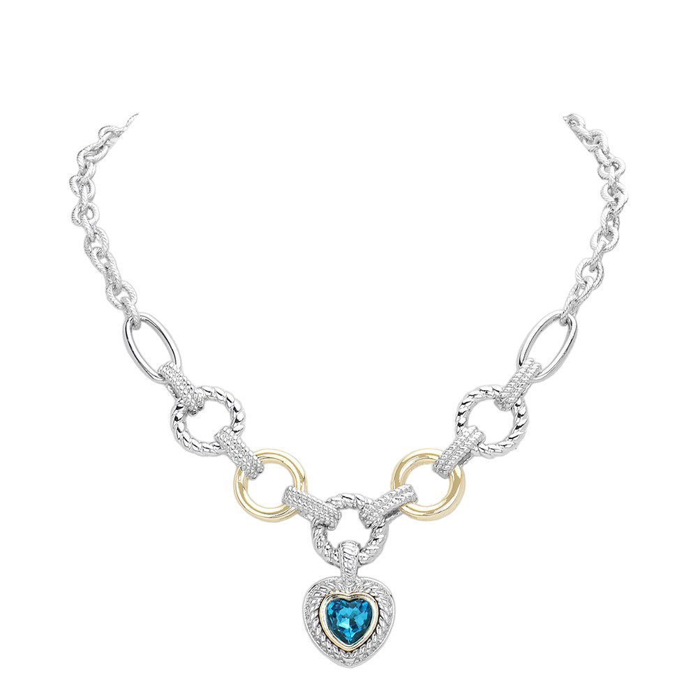 Aqua Heart Stone Pointed Charm Two Tone Textured Metal Link Toggle Necklace, This elegant necklace features a unique two tone design and textured metal links. The toggle closure adds a touch of modernity to the classic charm, making it a versatile accessory for any occasion. A perfect jewelry gift accessory for loved one.