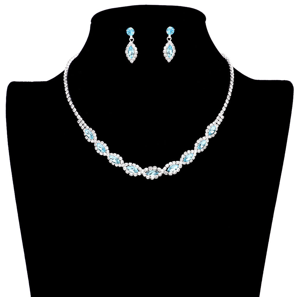 Aqua Marquise Stone Accented Rhinestone Jewelry Set, adds a classic touch to any ensemble. The timeless marquise cut stones are perfectly accented with a dazzling variety of rhinestones, creating a timeless piece of jewelry that is sure to impress. A perfect fashion accessory for any kind of casual or special occasion.