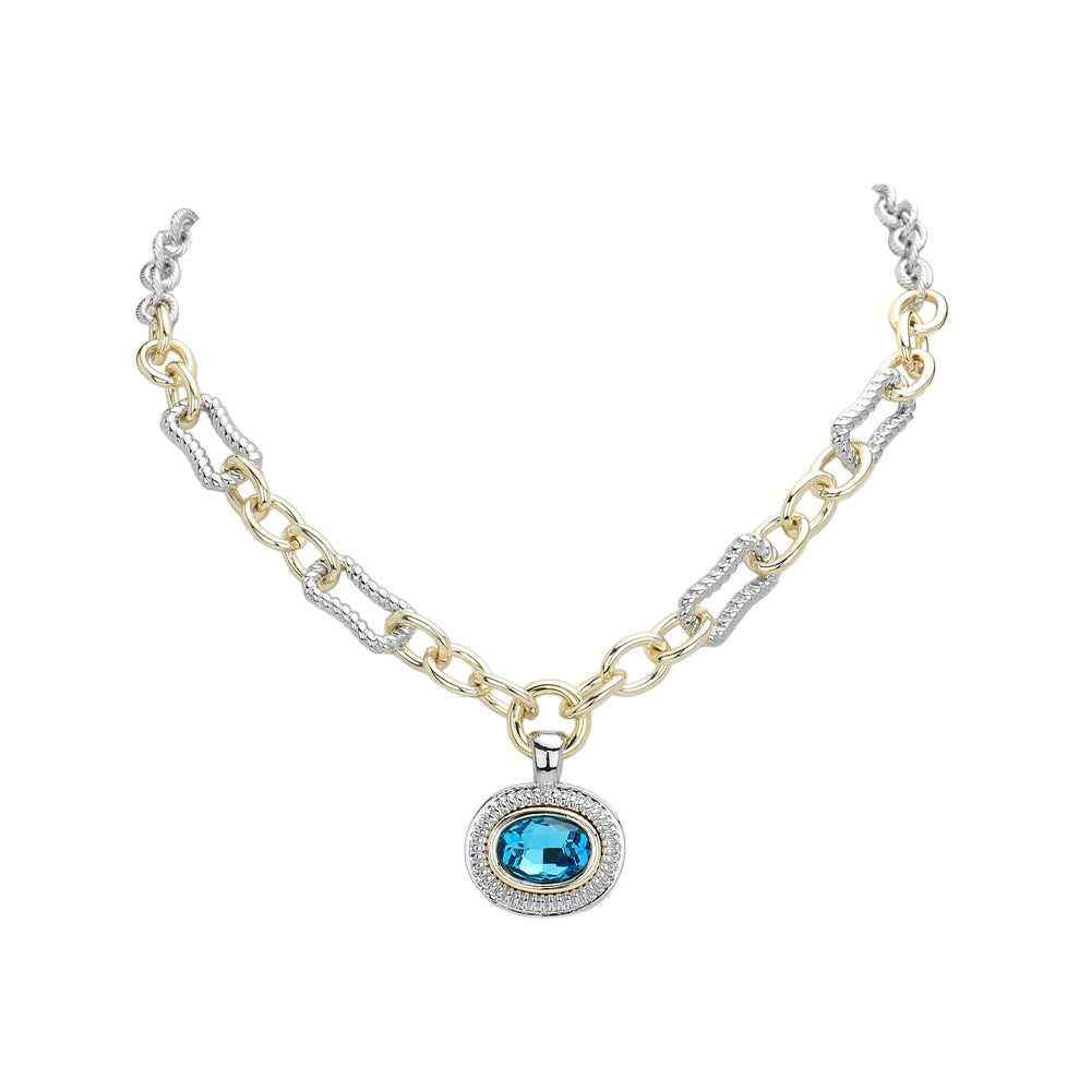 Aqua Oval Stone Cluster Pendant Two Tone Chunky Chain Necklace is the perfect accessory for any outfit. With its unique design featuring an oval stone cluster pendant and two tone chunky chain, it adds a touch of elegance and sophistication. Made with high-quality materials, this necklace is durable and long-lasting.