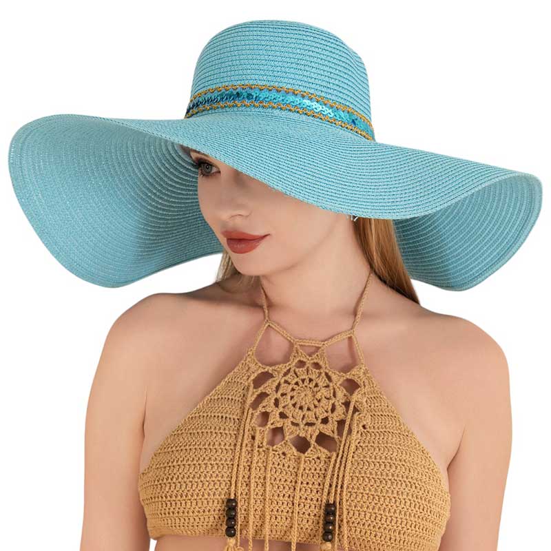 Aqua Sequin Band Pointed Straw Sun Hat, Get ready to shine in the summer sun with our Sequin Band Pointed Sun Hat! Made with sturdy straw for all-day wear, this hat features a stylish sequin band for a touch of glam. Protect yourself from UV rays while making a statement - no dull moments here! Perfect summer gift choice!