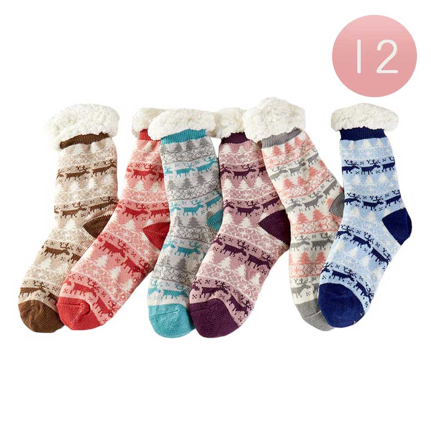 Assorted 12Pairs Faux Sherpa Lining Christmas Tree Reindeer Socks, these cozy Christmas socks feature a soft faux Sherpa lining and whimsical reindeer pattern. Perfect for adding holiday cheer and warmth to your outfit, they come in a pack of 12 pairs. A perfect gift for fashion-loving friends and family members, special ones.