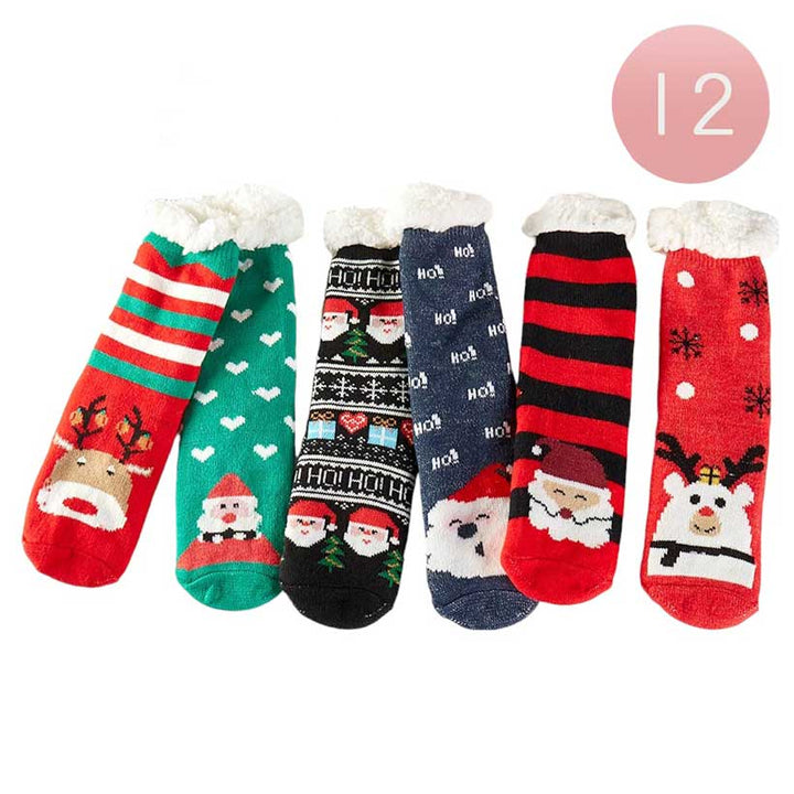 Assorted 12Pairs Faux Sherpa Lining Rudolph Santa Claus Rudolph Socks, are perfect for the Christmas season. The faux Sherpa lining is soft and comfortable, providing a cozy and stylish look. Their lightweight design makes them ideal for all-day wear. The fun Rudolph Santa Claus design will bring smiles to everyone’s faces.