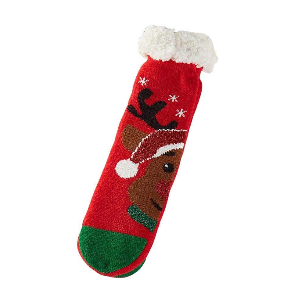 Assorted 12Pairs Faux Sherpa Lining Rudolph Santa Claus Socks provide warm comfort and Christmas cheer with their plush inner Sherpa lining and fun Santa design. Perfect as a holiday gift, they create a festive mood and bring a smile to any occasion. 