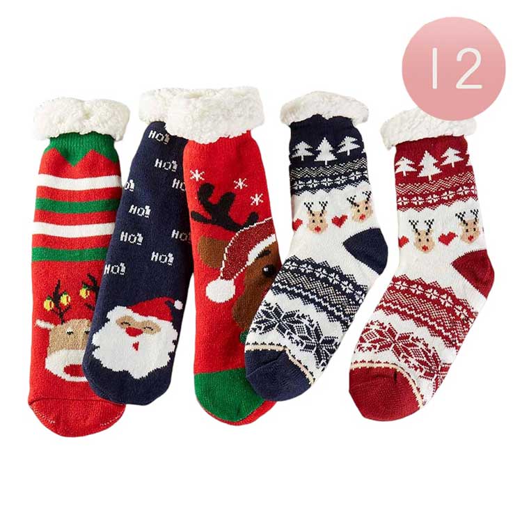 Assorted 12Pairs Faux Sherpa Lining Rudolph Santa Claus Socks provide warm comfort and Christmas cheer with their plush inner Sherpa lining and fun Santa design. Perfect as a holiday gift, they create a festive mood and bring a smile to any occasion. 