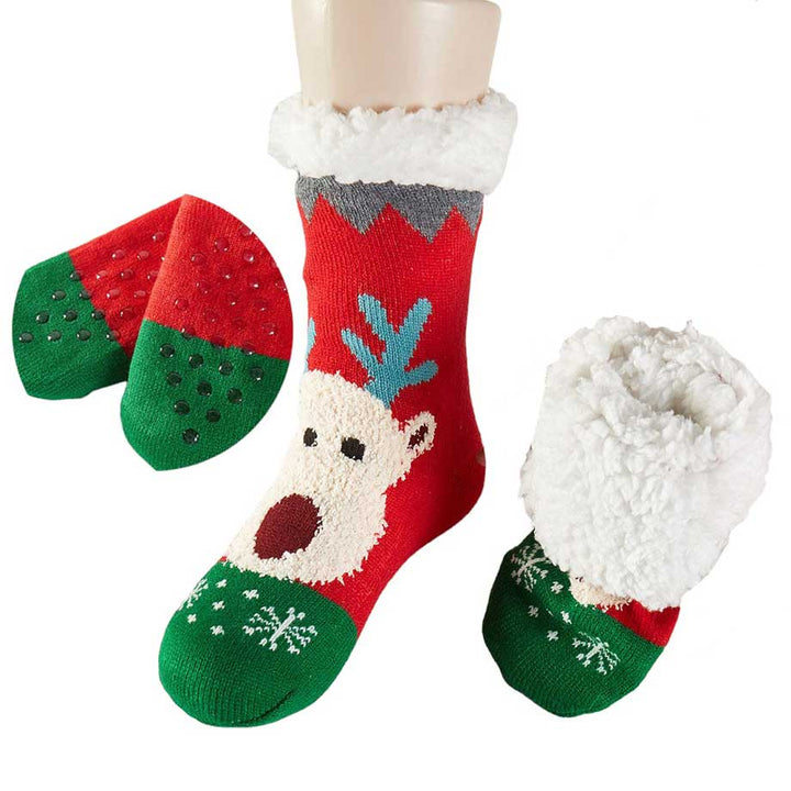 Assorted 12Pairs Faux Sherpa Lining Rudolph Snowflake Socks, are made from the softest materials and feature a faux Sherpa lining for warmth and comfort. Perfect for the holiday season, they feature a festive Rudolph snowflake pattern. Add a whimsical of Christmas with these socks to your holiday outfit.