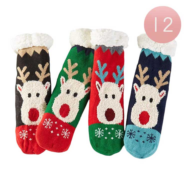 Assorted 12Pairs Faux Sherpa Lining Rudolph Snowflake Socks, are made from the softest materials and feature a faux Sherpa lining for warmth and comfort. Perfect for the holiday season, they feature a festive Rudolph snowflake pattern. Add a whimsical of Christmas with these socks to your holiday outfit.