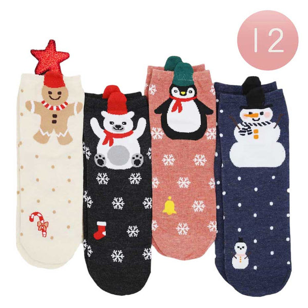 Assorted 12Pairs Gingerbread Man Bear Penguin Snowflake Snowman Socks, are perfect for adding a touch of festive fun to any outfit. They come in different festive designs, making your feet stand out from the crowd. A stylish gift for friends and family members during the Christmas season. 