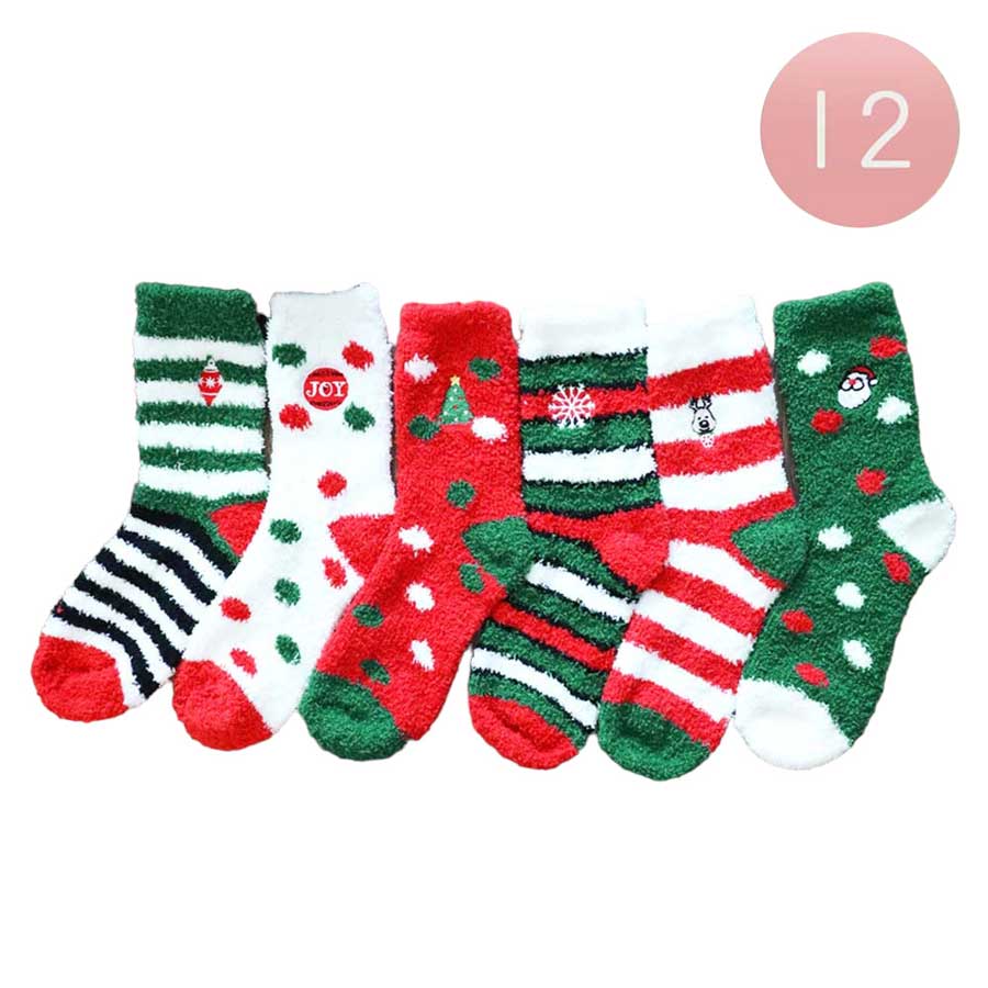 Assorted 12 pairs of Joy Message Christmas Tree Snowflake Santa Socks, are the perfect accessory for the holiday season. Each pair is adorned with Christmas trees, snowflakes, and Santa Claus graphics. Perfect for adding a festive touch to your outfit, these socks make a great gift for the holiday season.