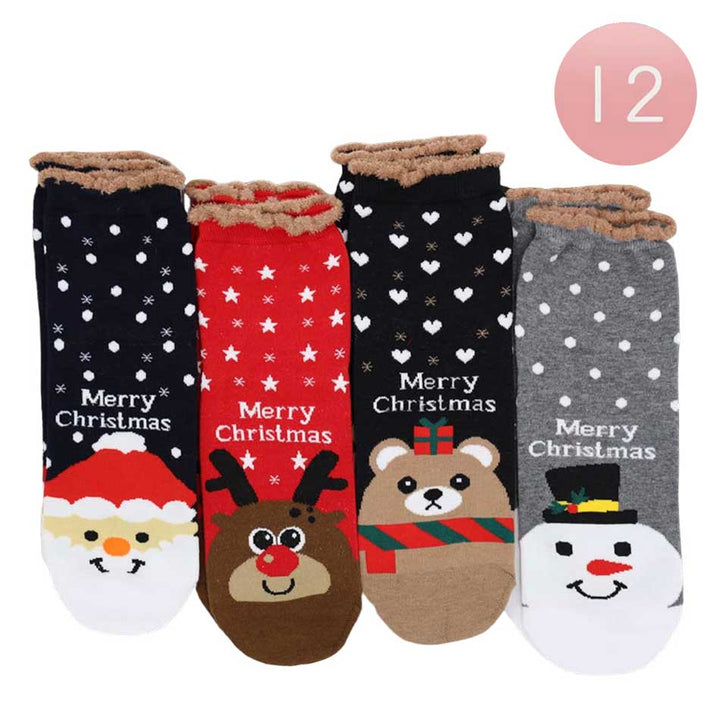 Assorted 12Pairs Merry Christmas Message Santa Claus Rudolph Bear Snowman Socks, Add festive spirit to your wardrobe this year with these socks. Colorful designs are fun way to show off your Christmas cheer. Perfect for gifting or stocking stuffers, these novelty socks make sure your celebrations are truly merry and bright.