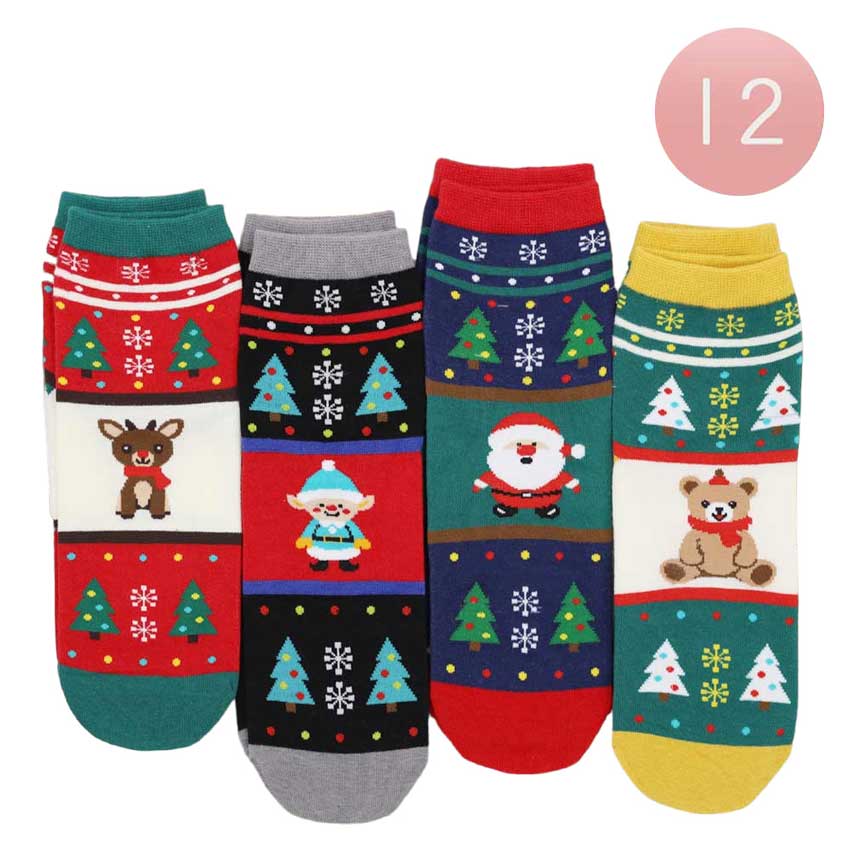 Assorted 12Pairs Rudolph Santa Claus Bear Christmas Tree Socks, set is the perfect way to add a festive touch to your holiday wardrobe. Each pair features beautiful Christmas-inspired designs, from Rudolph to Santa and Bear to Christmas Trees, sure to bring the holiday spirit to you, makes them a great holiday gift.