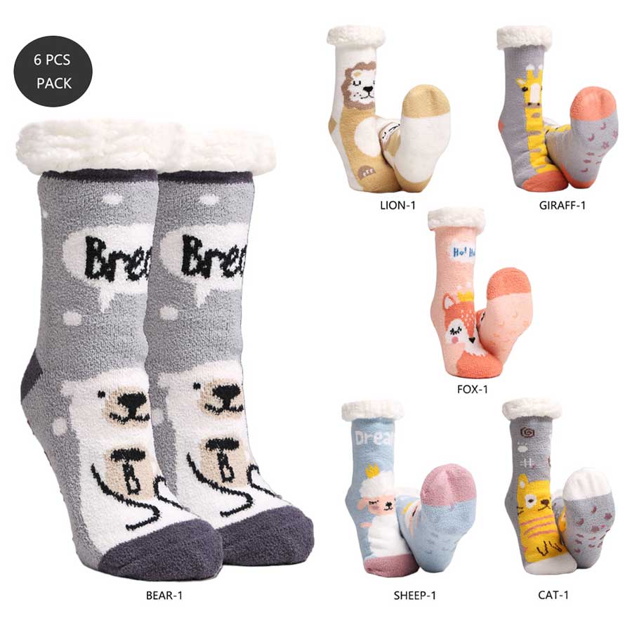 Assorted 6Pairs Faux Sherpa Lining Animal Character Socks, Stay warm and stylish this winter with these socks. Crafted with faux Sherpa lining for extra warmth and comfort, these socks will keep your feet snug and insulated all season long. Perfect gift choice for animal lovers, young adults, family and friends, and yourself. 