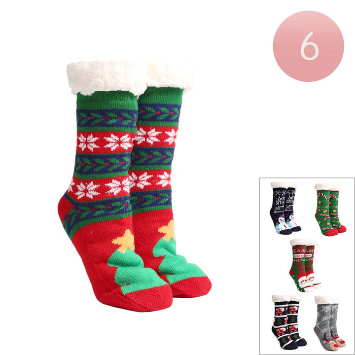 Assorted 6Pairs Faux Sherpa Lining Christmas Tree Snowman Snowflake Candy Cane Santa Claus Socks, feature festive holiday themed designs such as Christmas Trees, Snowman, Snowflakes, Candy Canes and Santa Claus, making them ideal for creating an atmosphere of festive cheer. Excellent gift choice for the Christmas days. 