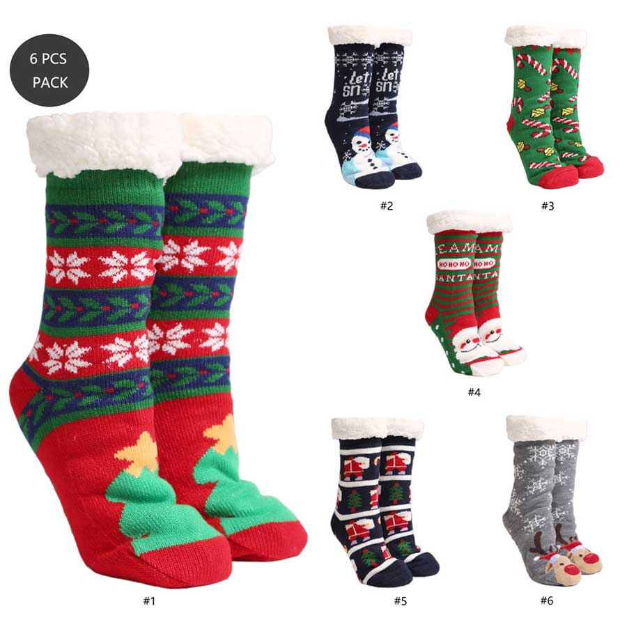 Assorted 6Pairs Faux Sherpa Lining Christmas Tree Snowman Snowflake Candy Cane Santa Claus Socks, feature festive holiday themed designs such as Christmas Trees, Snowman, Snowflakes, Candy Canes and Santa Claus, making them ideal for creating an atmosphere of festive cheer. Excellent gift choice for the Christmas days. 