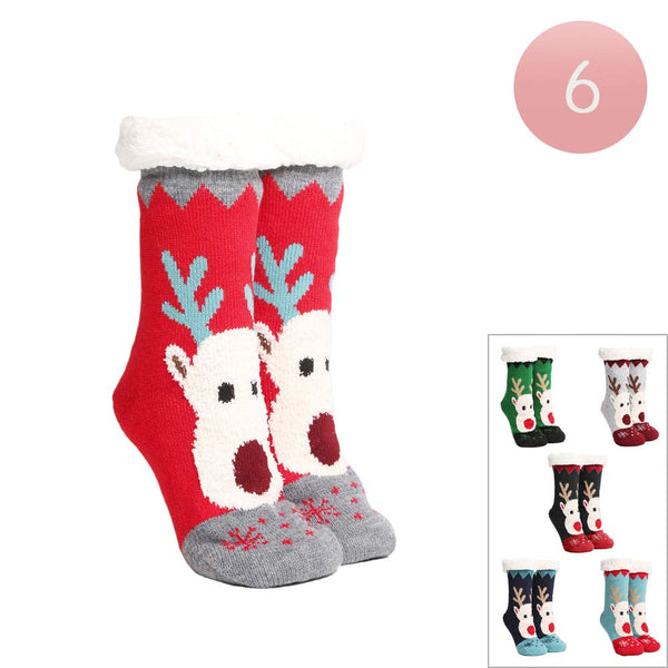 Assorted 6Pairs Faux Sherpa Lining Rudolph Socks, Keep your feet warm and cozy. The faux sherpa lining provides a luxurious feel and impressive insulation. Made from durable fabrics, the socks are designed for a snug and comfortable fit. Perfect for chilly weather. Perfect gift for the person you love and care about the most.