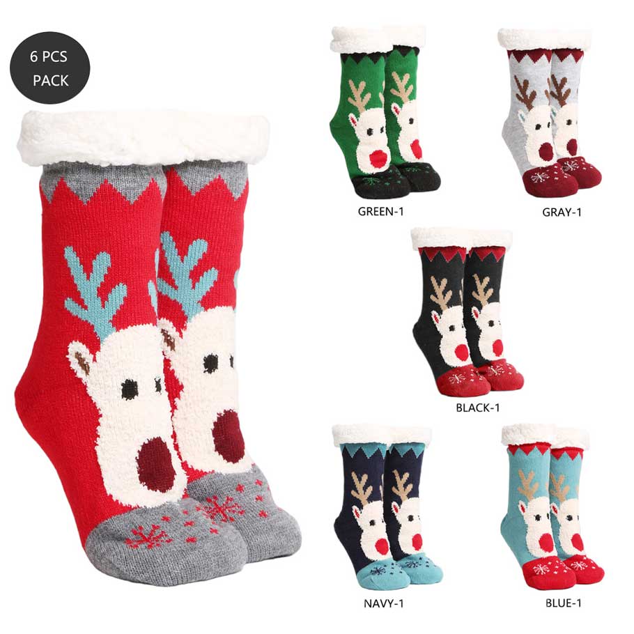 Assorted 6Pairs Faux Sherpa Lining Rudolph Socks, Keep your feet warm and cozy. The faux sherpa lining provides a luxurious feel and impressive insulation. Made from durable fabrics, the socks are designed for a snug and comfortable fit. Perfect for chilly weather. Perfect gift for the person you love and care about the most.