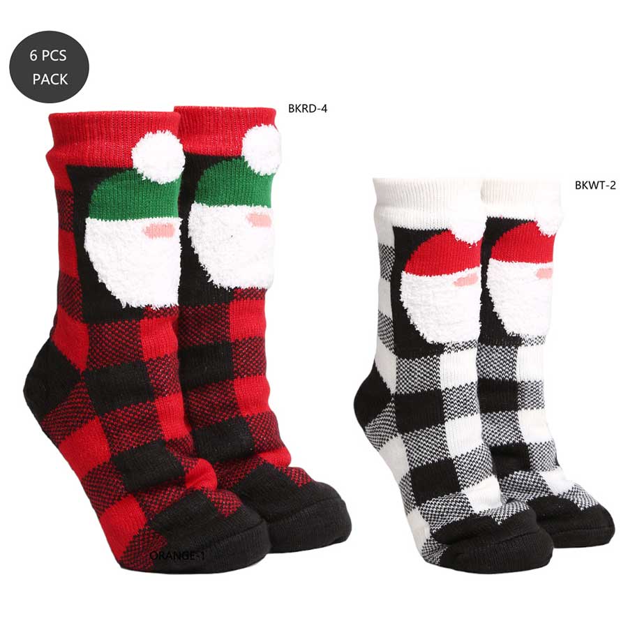 Assorted 6Pairs Santa Claus Buffalo Check Patterned Socks, feature festive holiday-themed designs such as Christmas and Santa Claus, making them ideal for creating an atmosphere of festive cheer. Excellent gift choice for the Christmas days. 